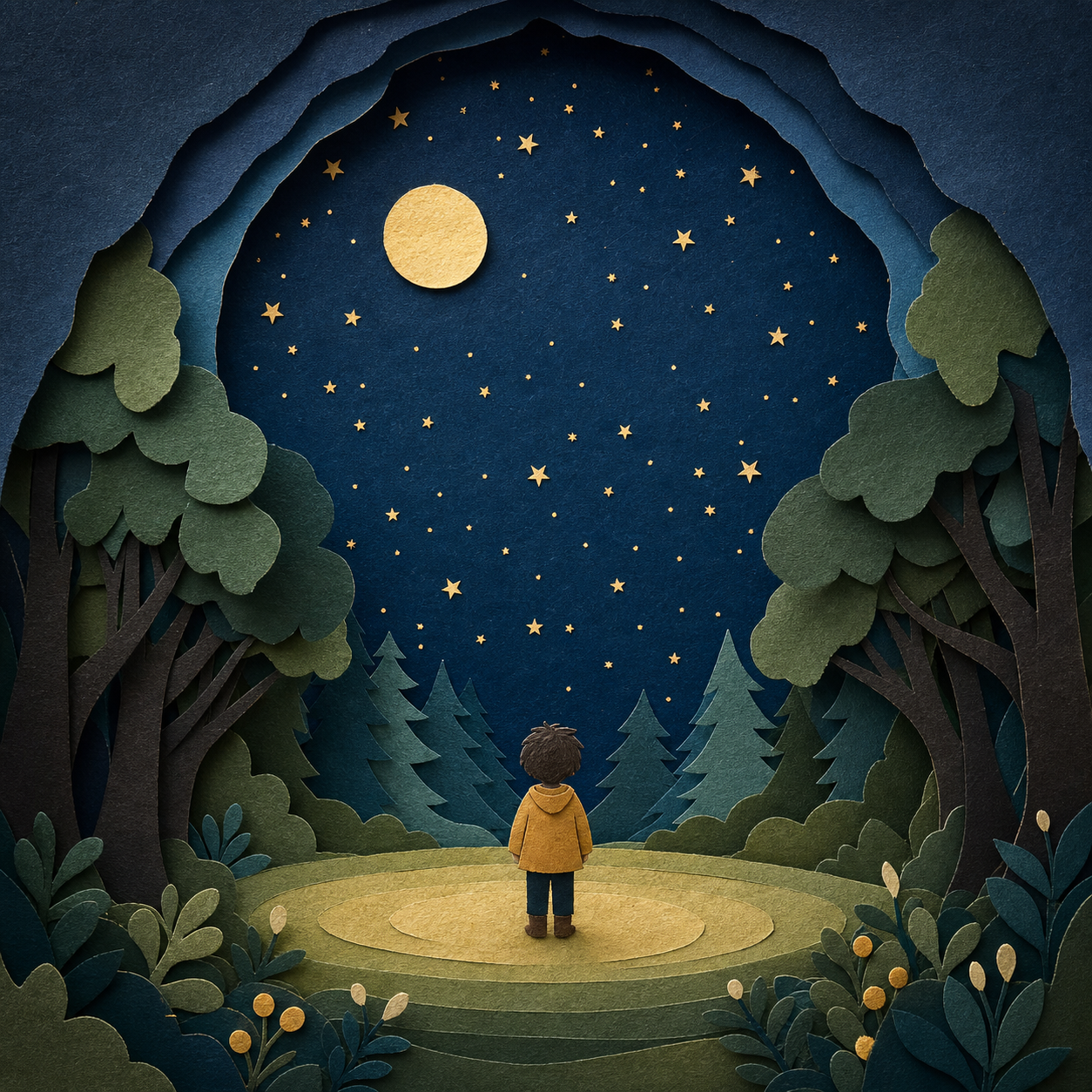 Ein kleines Kind aus geschichteten Papierformen steht in einer Papierschnitt-Waldlichtung unter einem weiten Sternenhimmel und dem Mond