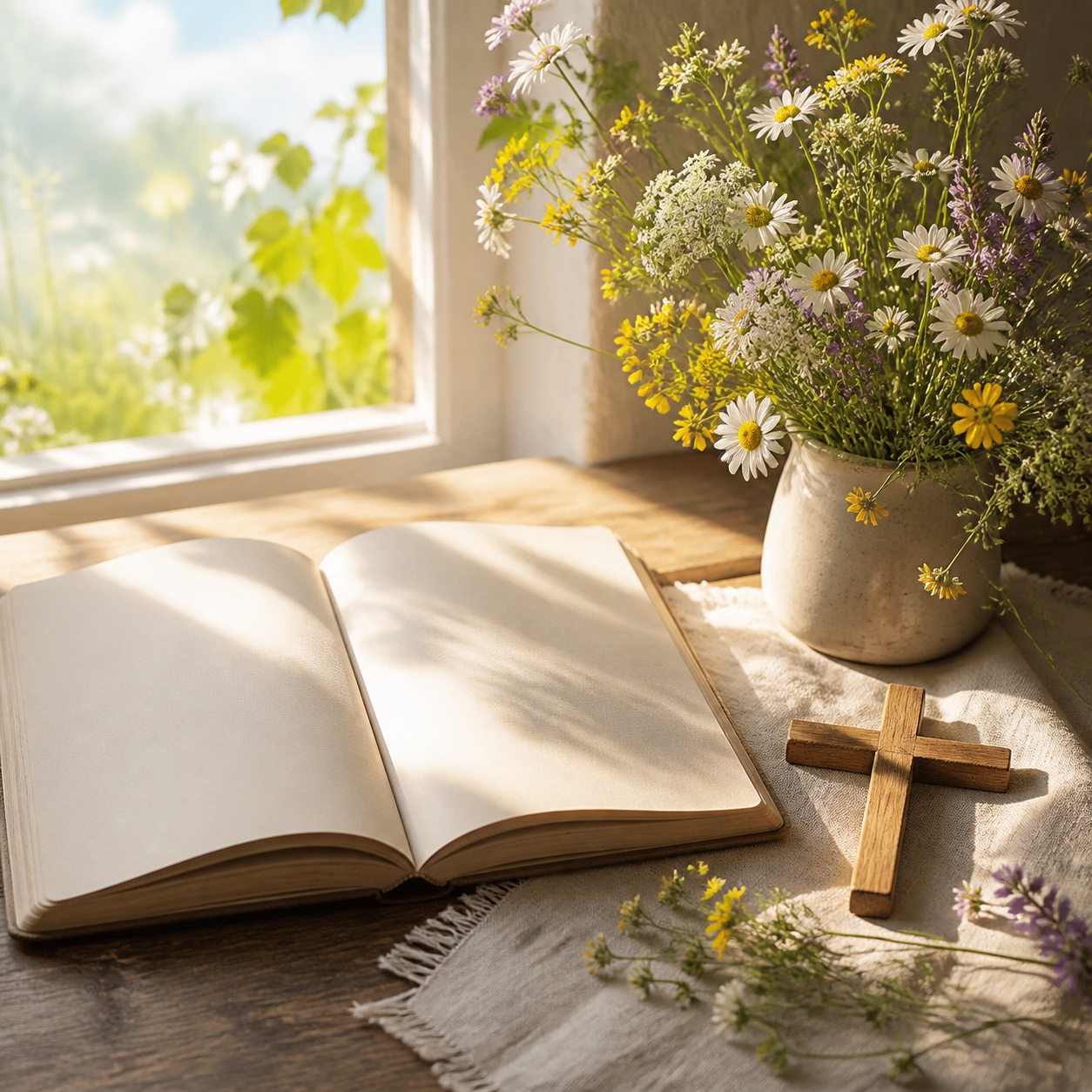 Offenes Buch, Blumen und Holzkreuz im hellen Morgenlicht