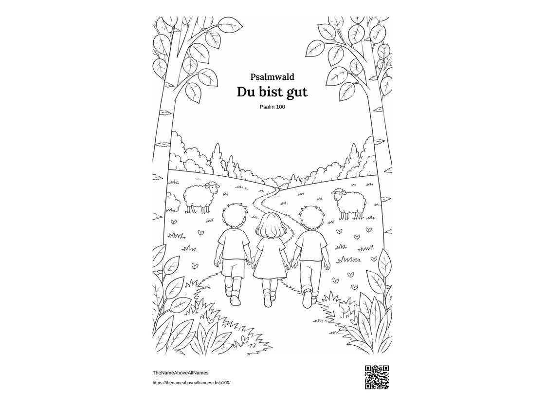 Ausmalbild zu Psalm 100: Drei Kinder gehen zwischen Birken zu einer Wiese mit zwei Schafen.