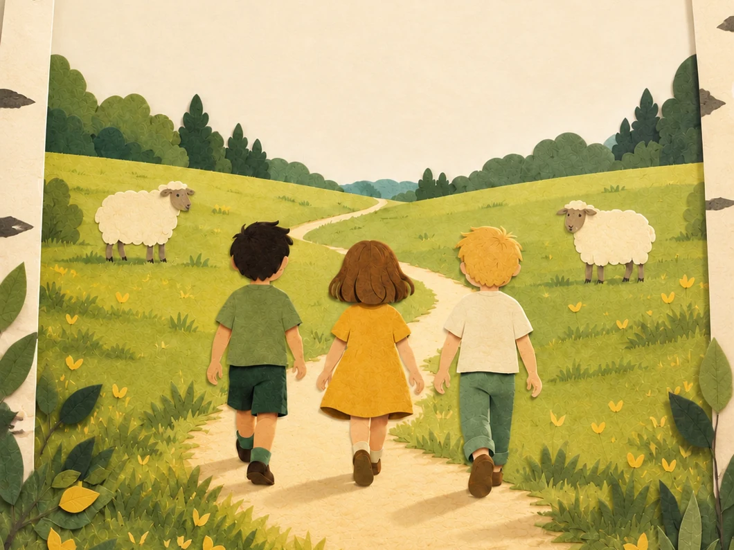 Drei Kinder gehen auf einem hellen Weg durch grüne Wiesen mit zwei Schafen, seitlich stehen Birken. Illustration in freundlicher Papieroptik.