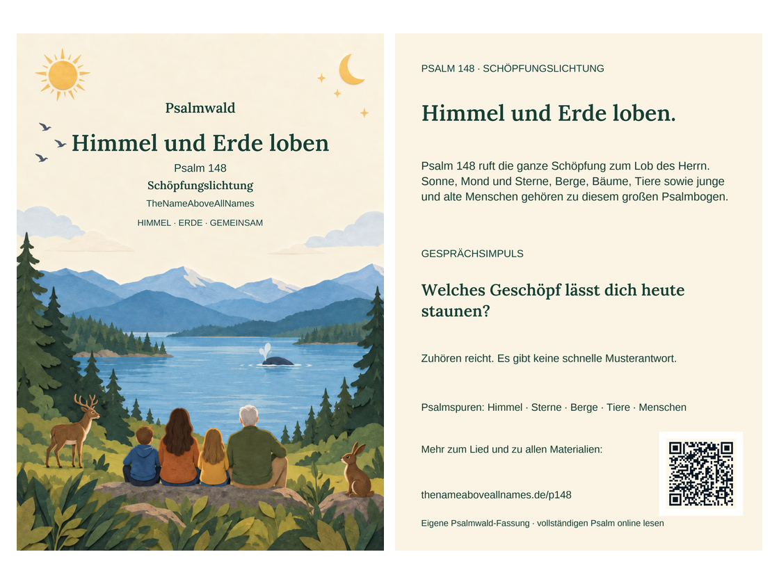 Vorder- und Rückseite der Psalmkarte zu Psalm 148: die Schöpfungslichtung mit vier Menschen und Tieren, daneben der Gesprächsimpuls „Welches Geschöpf lässt dich heute staunen?“ und QR-Code.