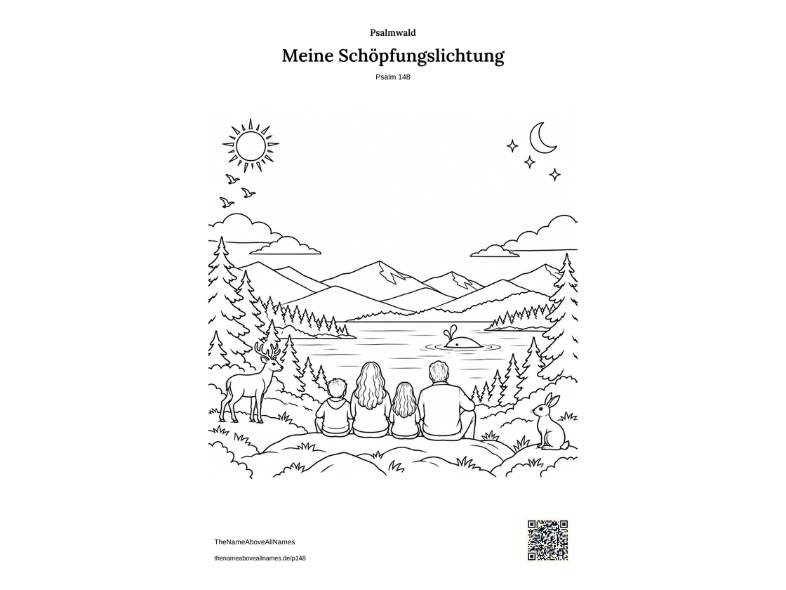 Ausmalbild zu Psalm 148 mit vier sitzenden Menschen, Hirsch und Kaninchen vor Bergen und einem See mit Wal, Sonne und Mond.