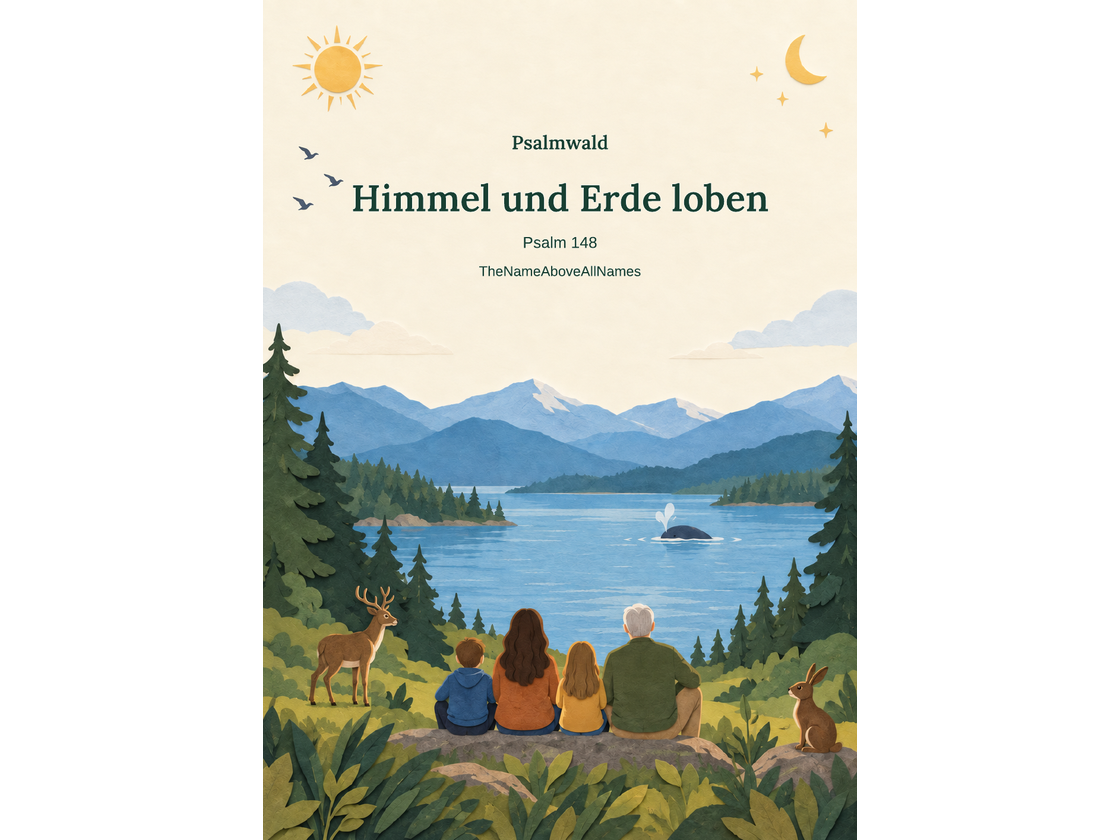 Poster zu Psalm 148 mit vier Menschen vor Bergen und einem See, Sonne und Mond, Hirsch, Kaninchen und Wal sowie dem Titel „Himmel und Erde loben“.