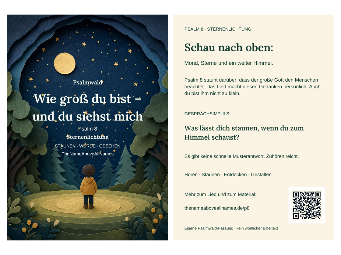 Vorder- und Rückseite der Psalmkarte zu Psalm 8: ein Kind unter Mond und Sternen, daneben ein Gesprächsimpuls und QR-Code.