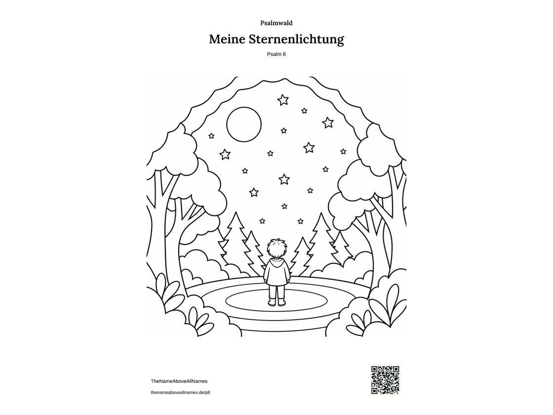 Ausmalbild zu Psalm 8: Ein Kind steht auf einer Waldlichtung unter Mond und Sternen.