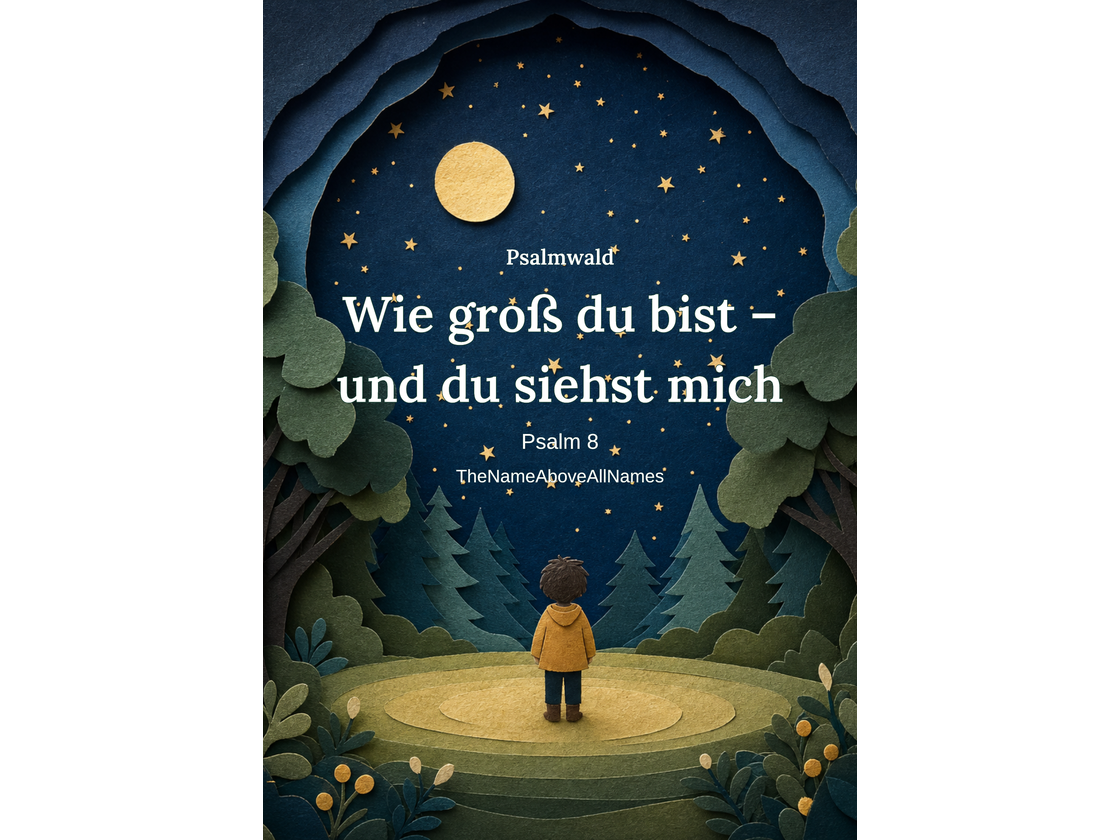 Poster zu Psalm 8 mit einem Kind auf einer nächtlichen Waldlichtung unter Mond und Sternen und dem Titel „Wie groß du bist – und du siehst mich“.