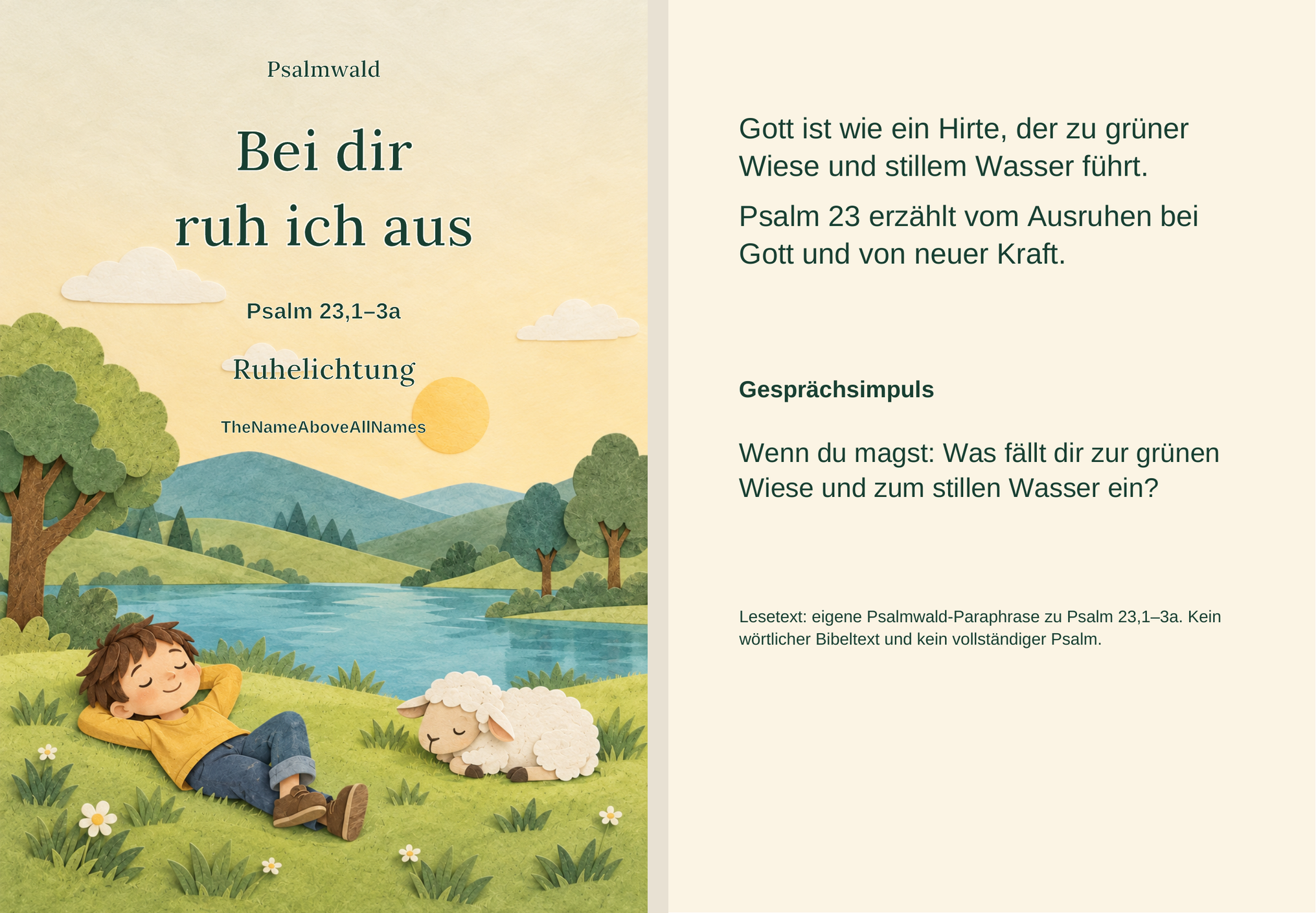Vorder- und Rückseite der Psalmkarte „Bei dir ruh ich aus“ zu Psalm 23,1–3a; ein ruhendes Kind und ein Schaf am stillen Wasser.