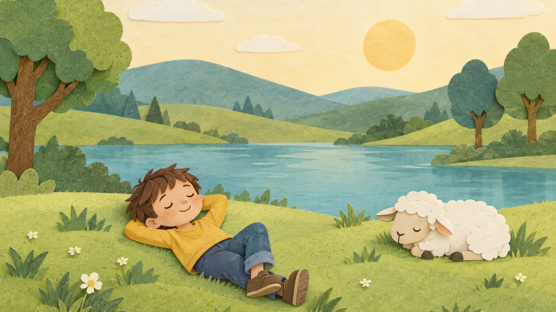 Ein Kind ruht auf einer grünen Papierwiese am stillen Wasser; daneben liegt ein Schaf, dahinter sind Hügel, Bäume und Sonne.